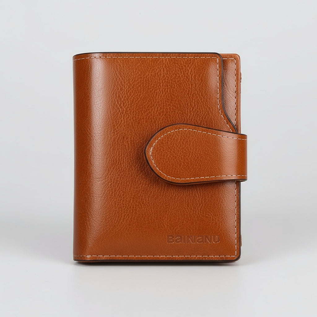 Brown leather wallet with card slots on a beige background