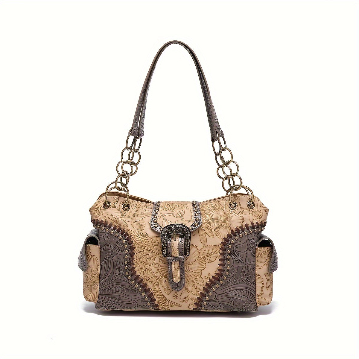 Floral Embossed Underarm Bag - Retro Satchel with Rivet Details for Women