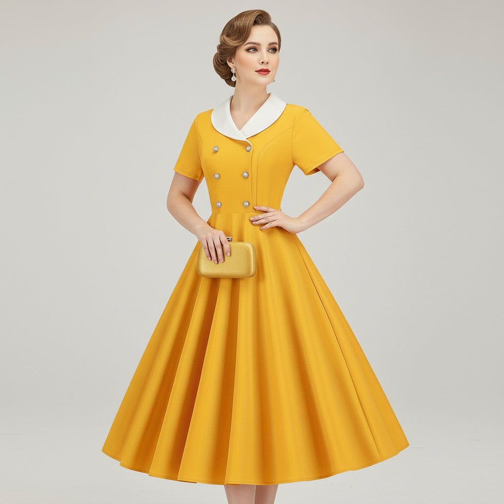 Yellow dress with button details on a white background
