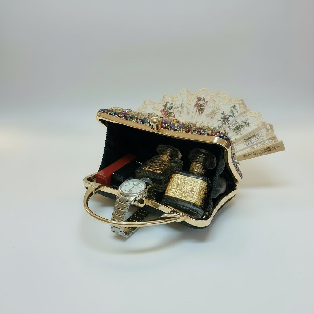 Decorative handbag with colorful beading on a neutral background