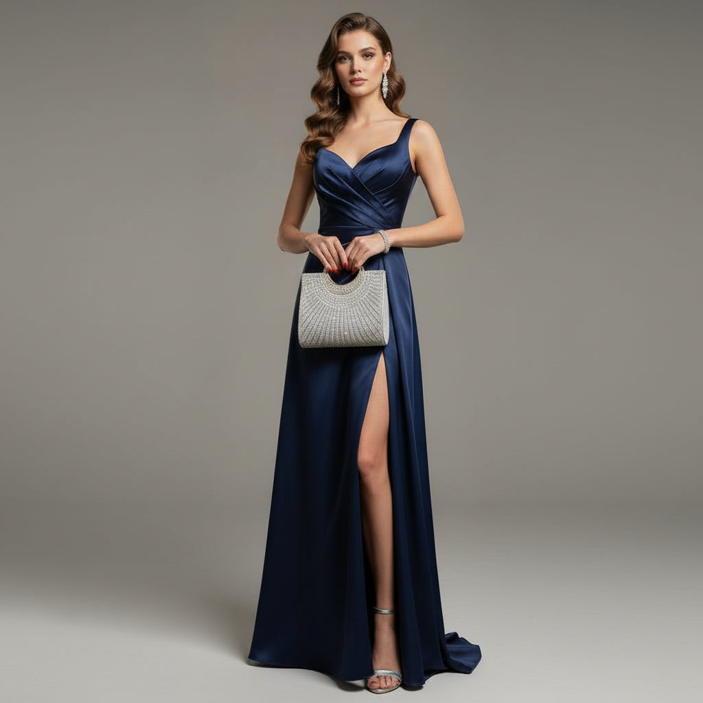 Woman in a blue evening gown holding a silver handbag in a studio setting with lighting equipment.