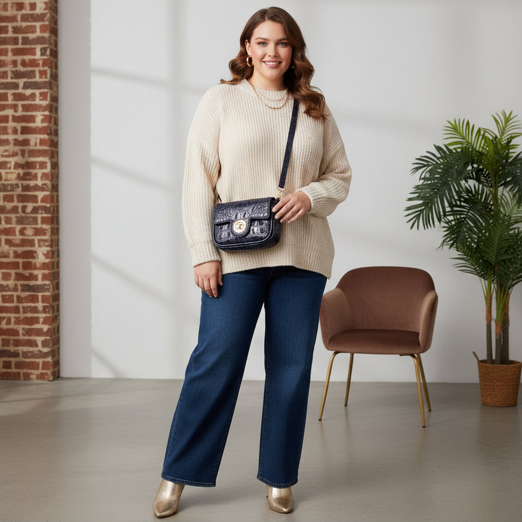 Blue textured handbag with gold accents on a wooden surface