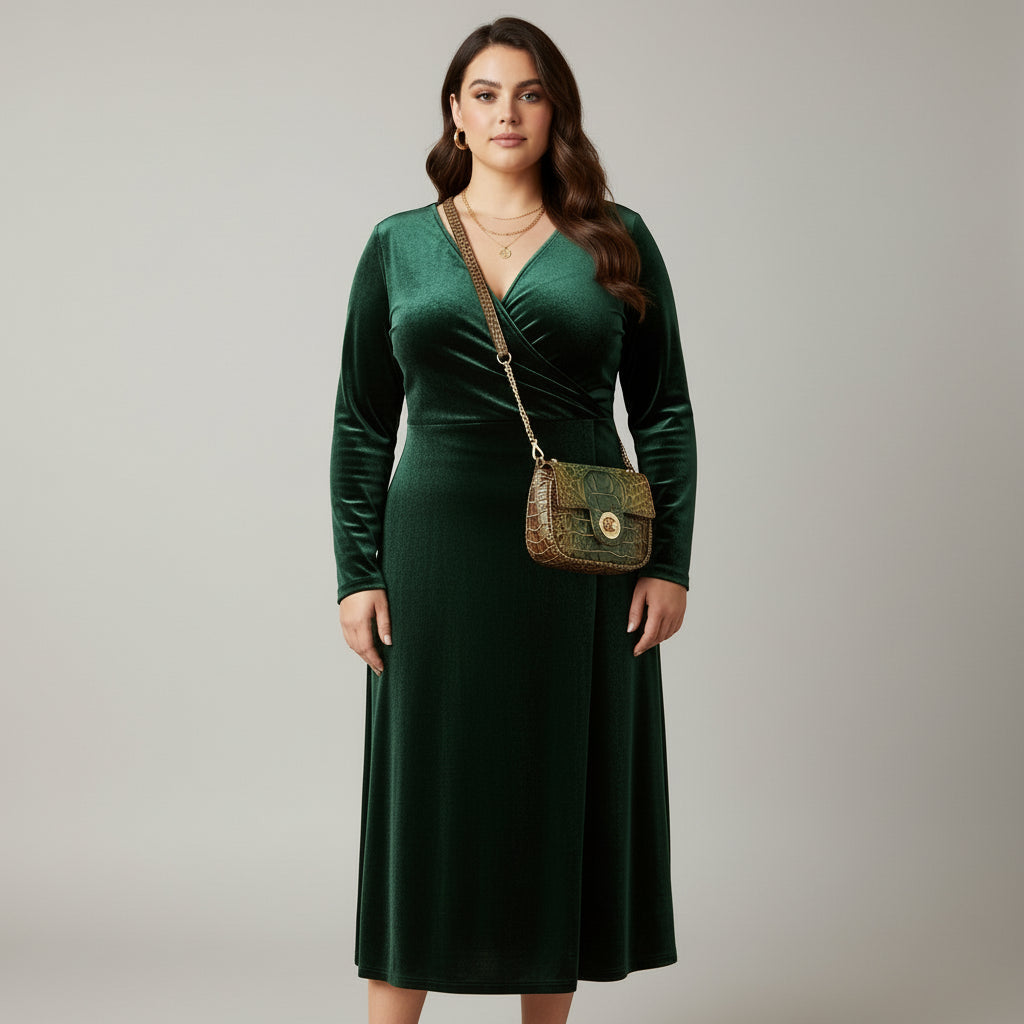 Green textured leather bag with brown strap on a wooden surface