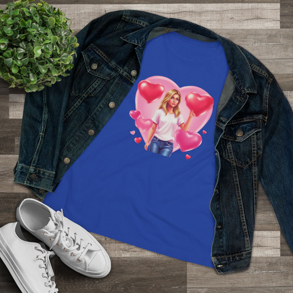Heart Balloon Cotton Tee - Girl with Pink Heart Balloons Graphic Shirt for Women