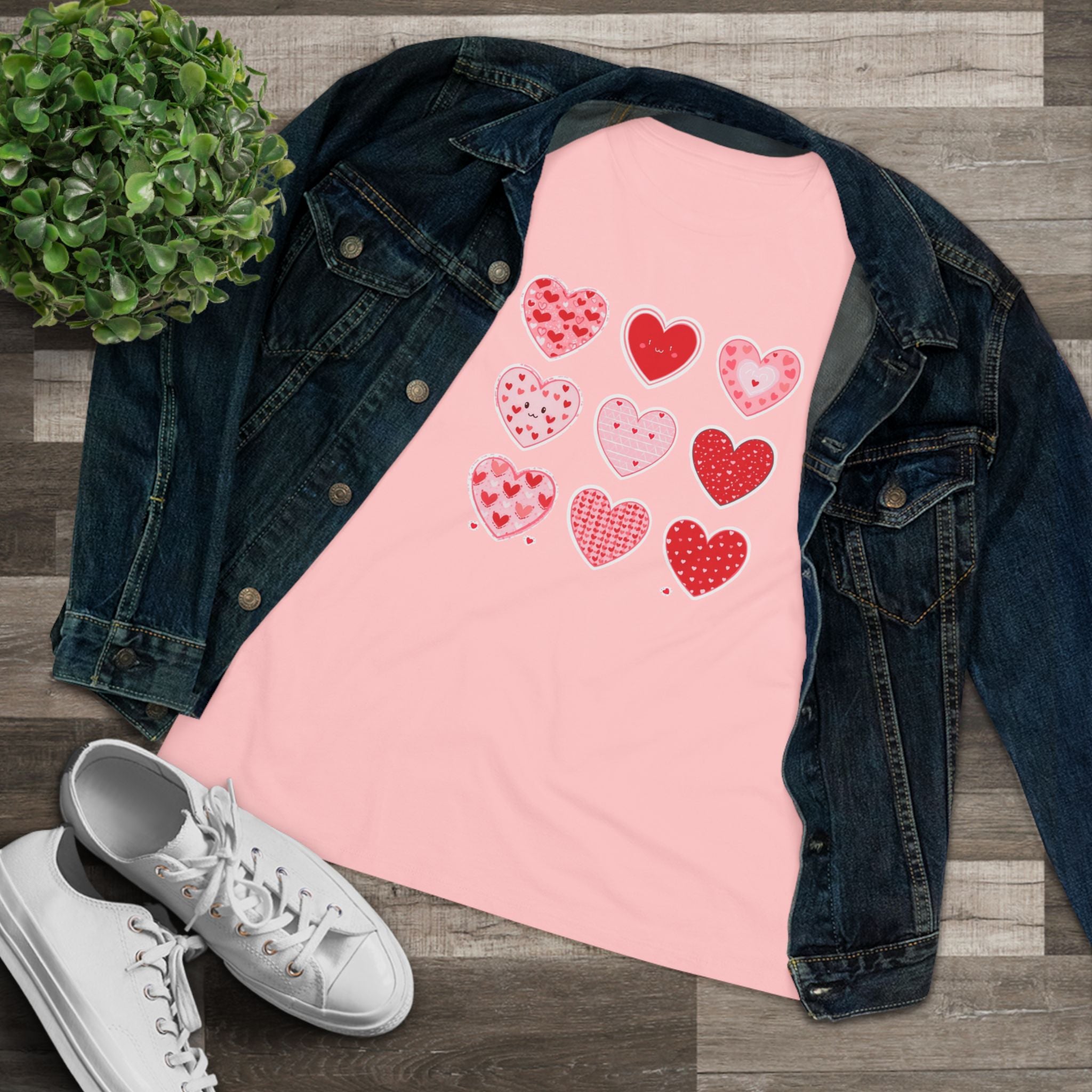 Heart Grid Cotton Tee - Pink & Red Hearts Graphic Shirt for Women
