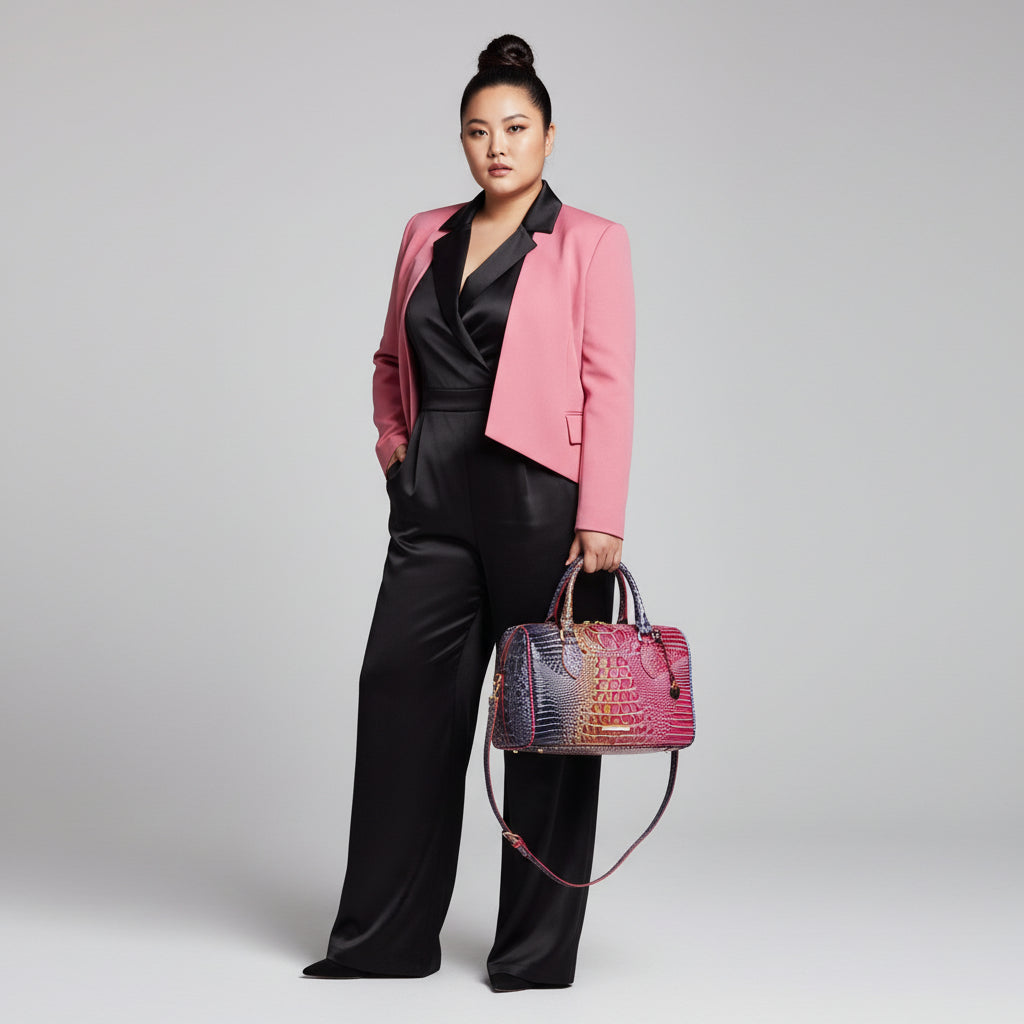 Pink textured handbag on a wooden surface with a dark background