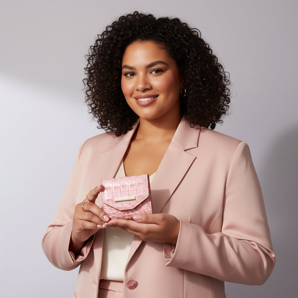 Pink textured wallet with a gold accent 