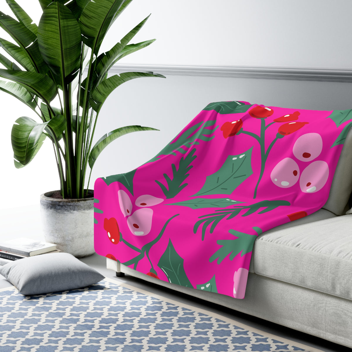 Pink Christmas Holly & Berry Sherpa Fleece Blanket