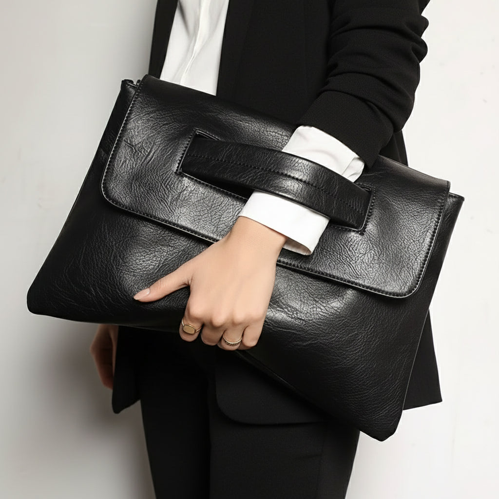 Person holding a black leather clutch bag with a plain background