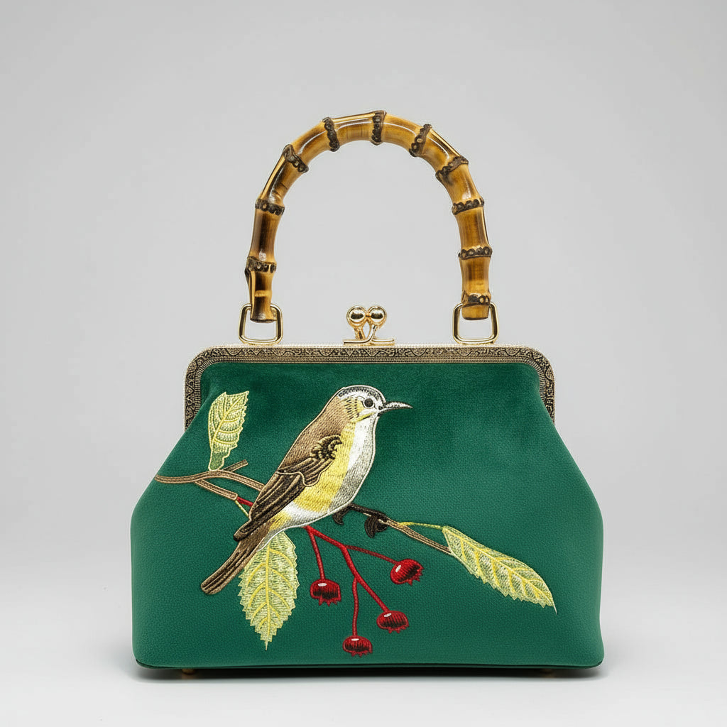 Green handbag with bird embroidery against a cityscape background
