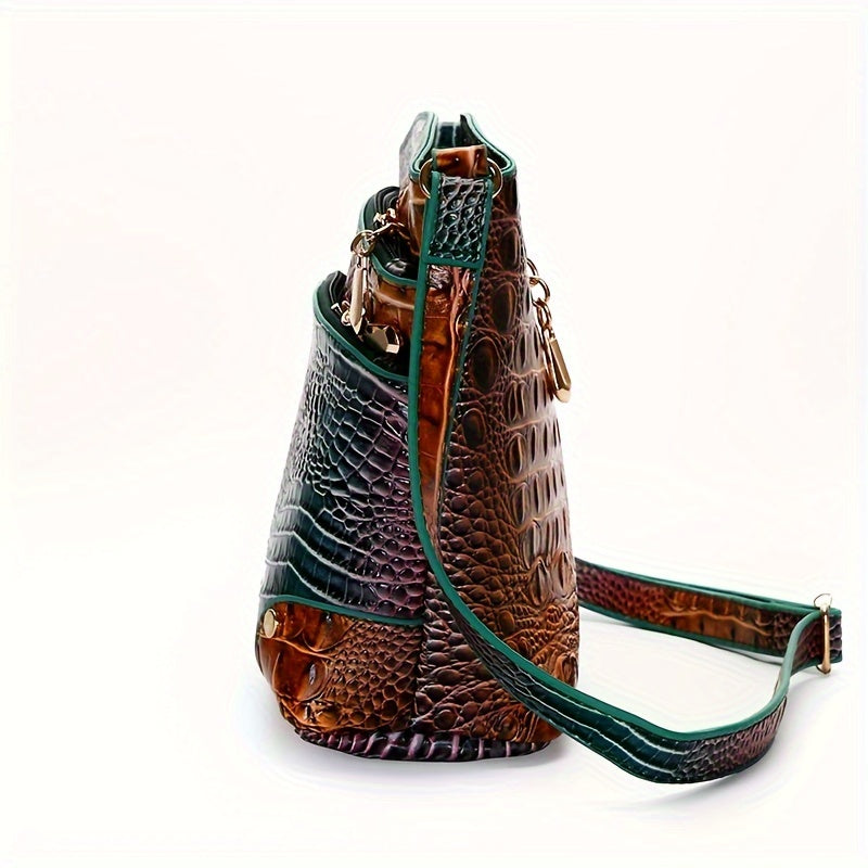 Brown textured handbag with green strap on a white background