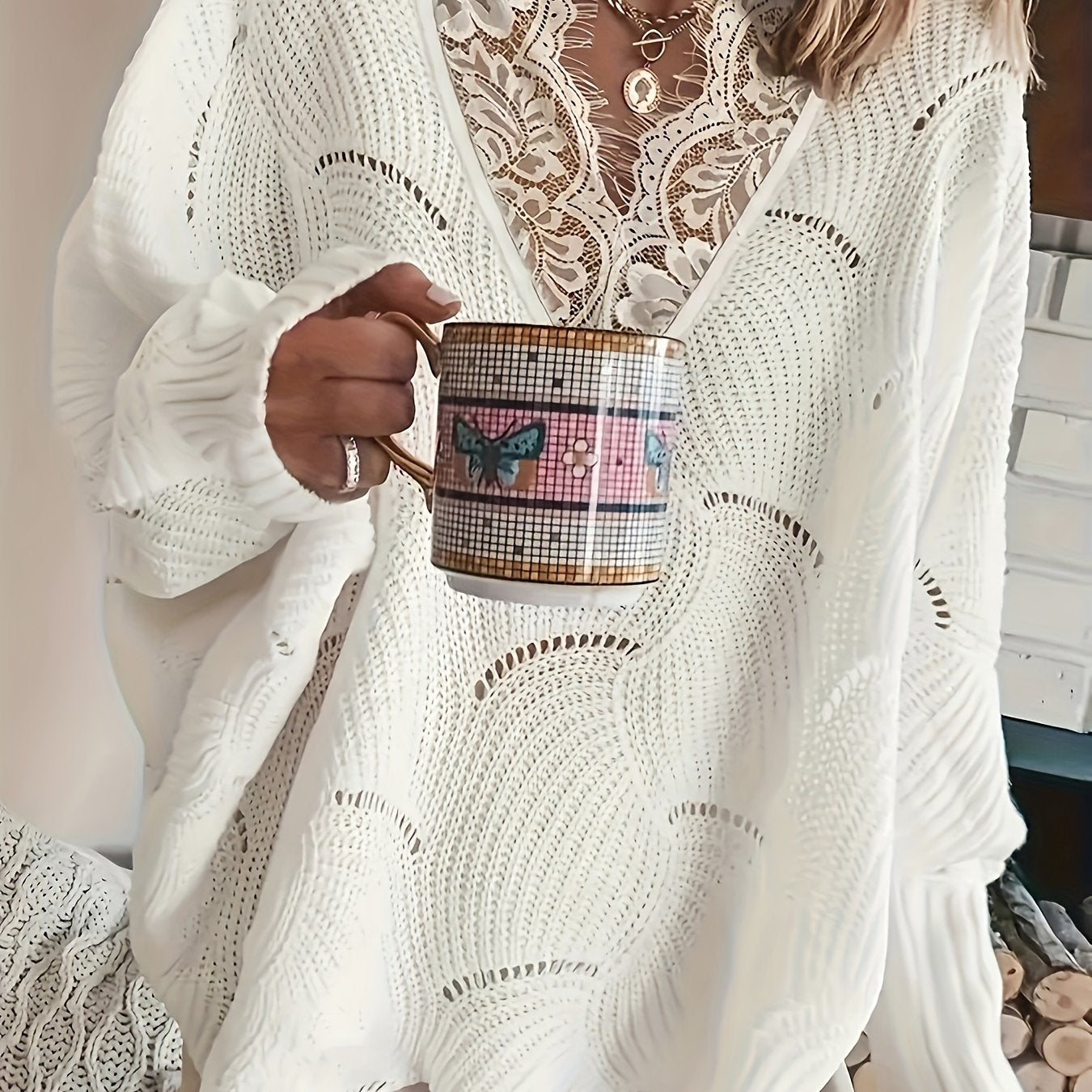 V-Neck Sweater with Lace Trim - Long Sleeve Button-Front Cardigan for Women