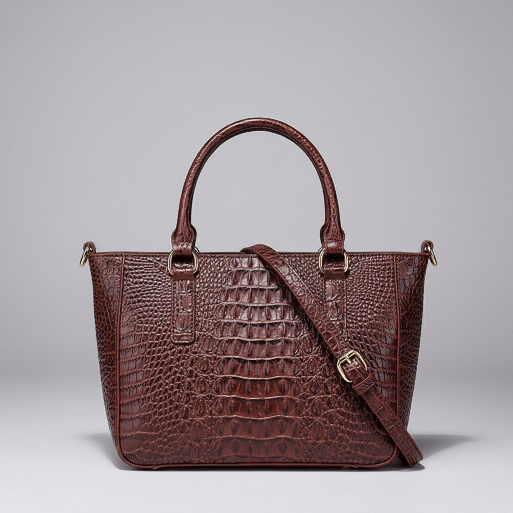 Brown crocodile-patterned handbag with a strap on a dark background
