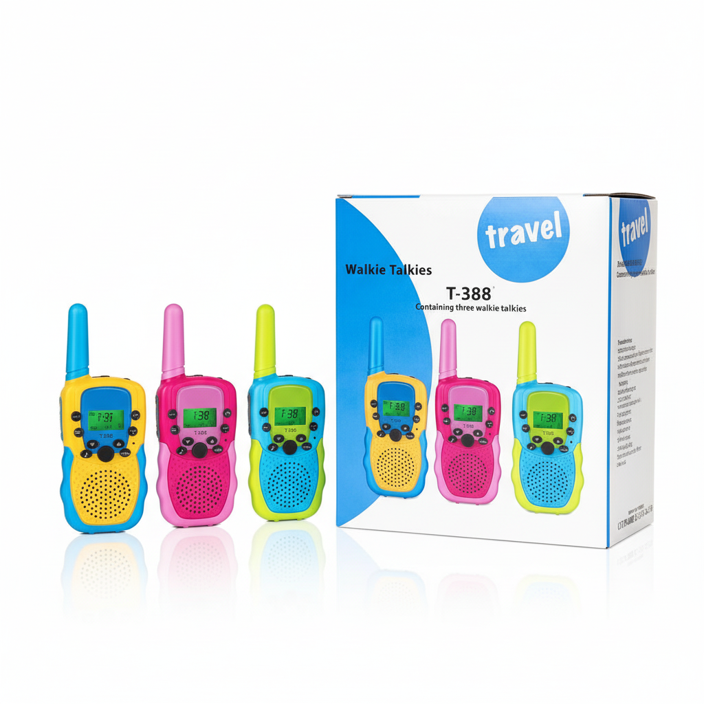 Box of travel walkie talkies with three colorful walkie talkies on a white background