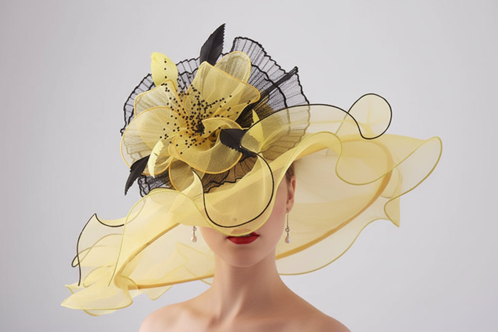 Wide Brim Church Hat - Organza Flower Fedora for Weddings & Special Occasions