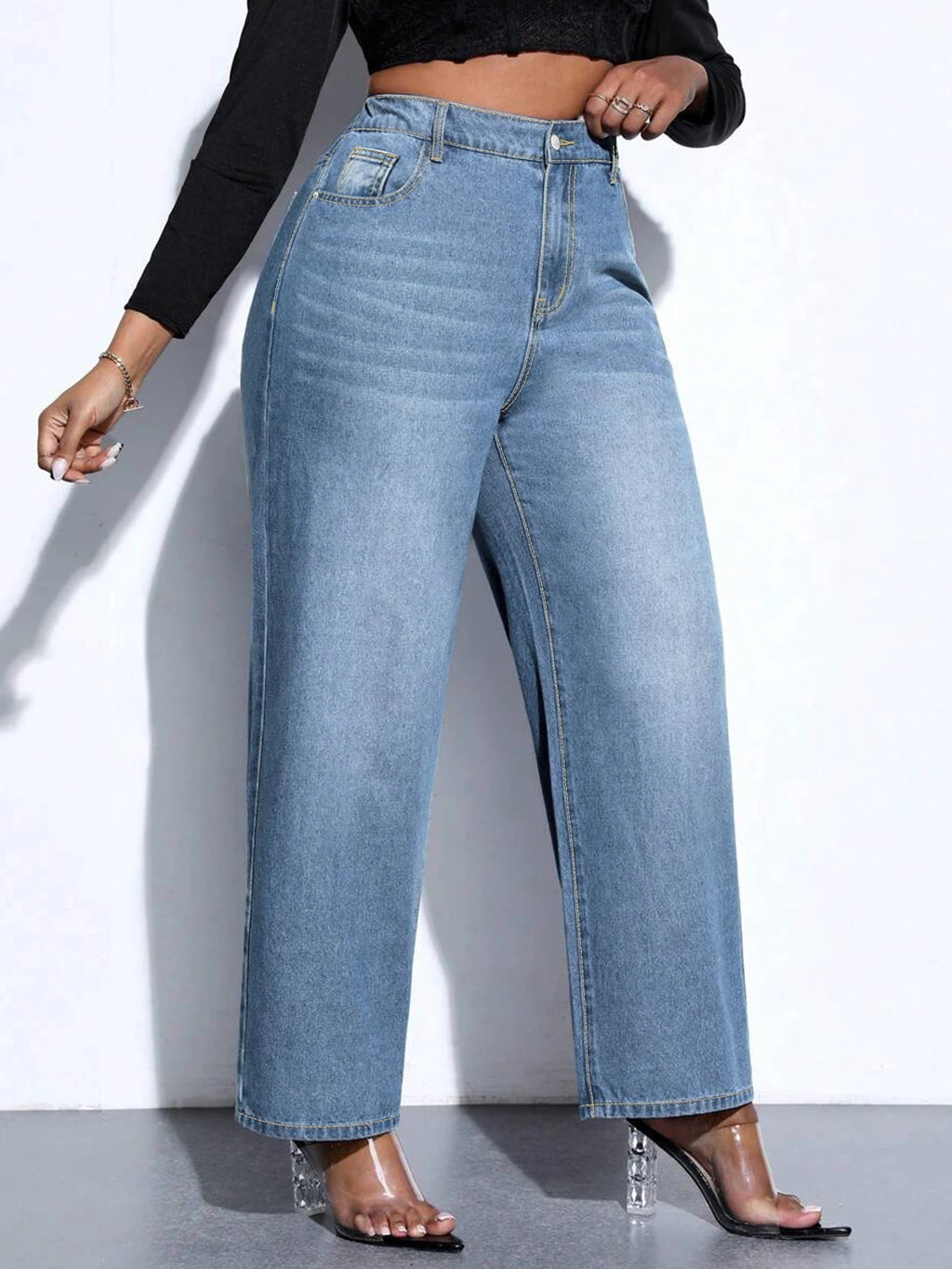 High Waist Straight Leg Denim Jeans - Stretch Pants for Women