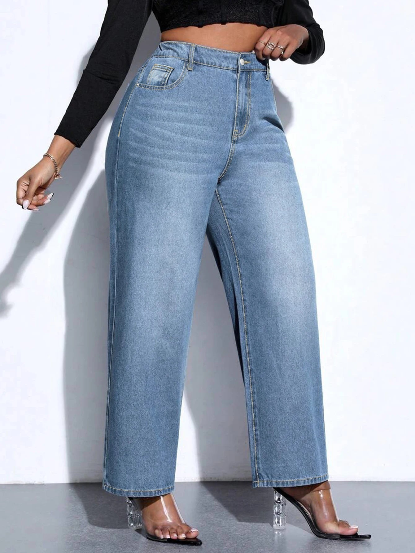 High Waist Straight Leg Denim Jeans - Stretch Pants for Women