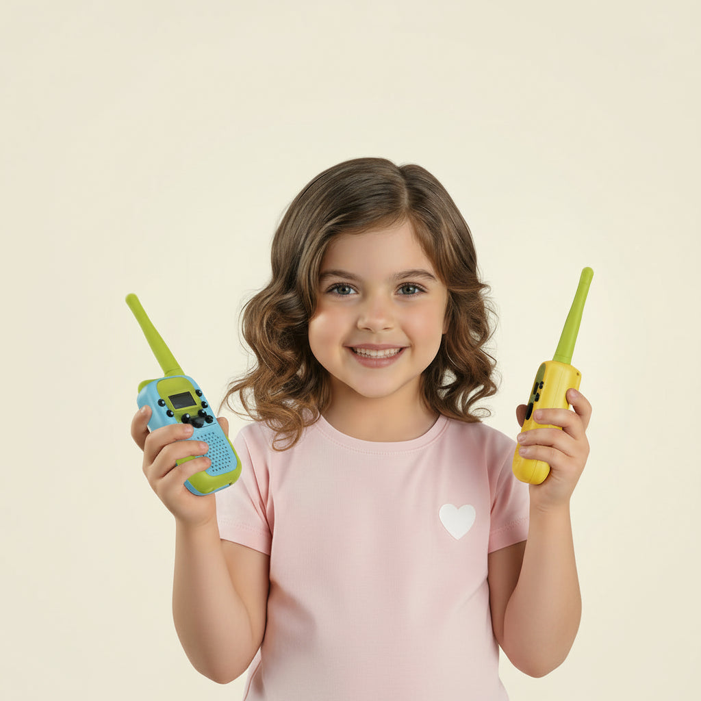 Child holding walkie-talkies with circular insets of children playing outdoors on a beige background