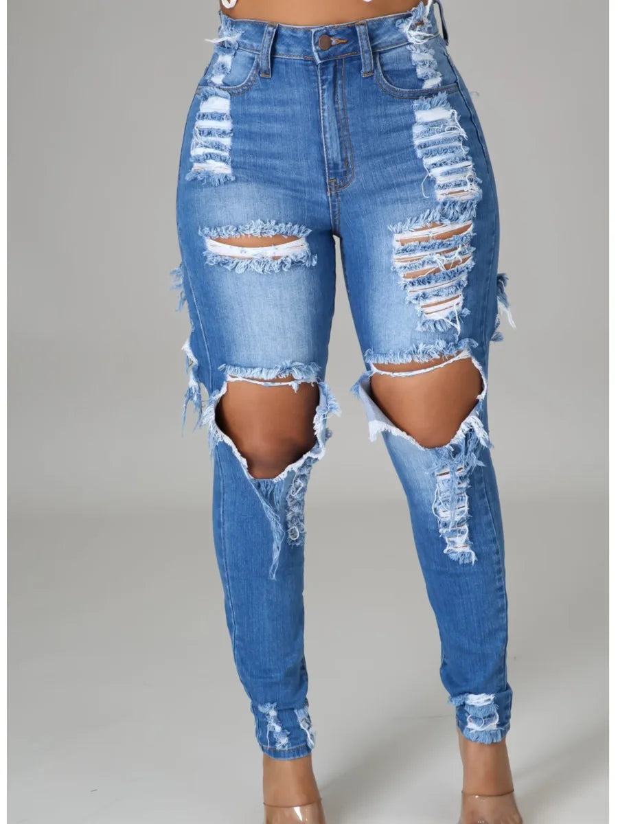 Women's High Waist Pencil Pants Denim Jeans Plus XL Breathable Quick Dry Winter Summer Fashion Scratched Ripped Design Washable