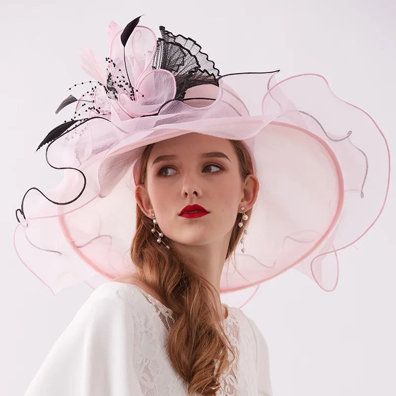 Wide Brim Church Hat - Organza Flower Fedora for Weddings & Special Occasions
