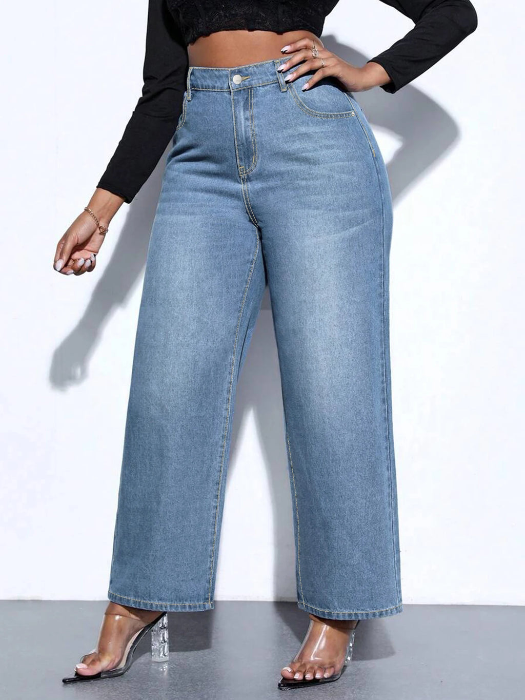 High Waist Straight Leg Denim Jeans - Stretch Pants for Women