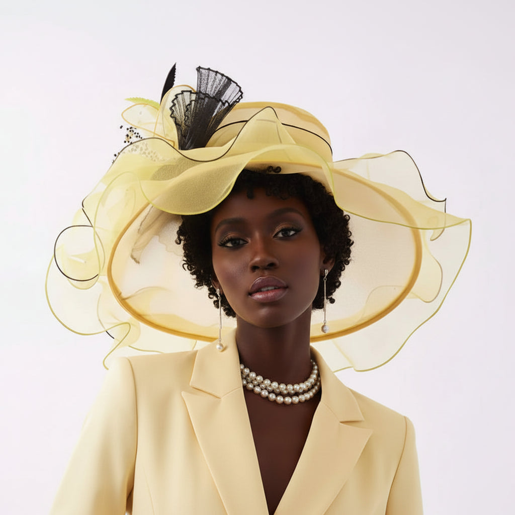 Wide Brim Church Hat - Organza Flower Fedora for Weddings & Special Occasions
