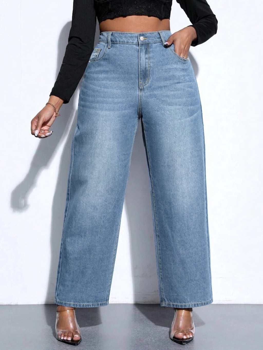 High Waist Straight Leg Denim Jeans - Stretch Pants for Women