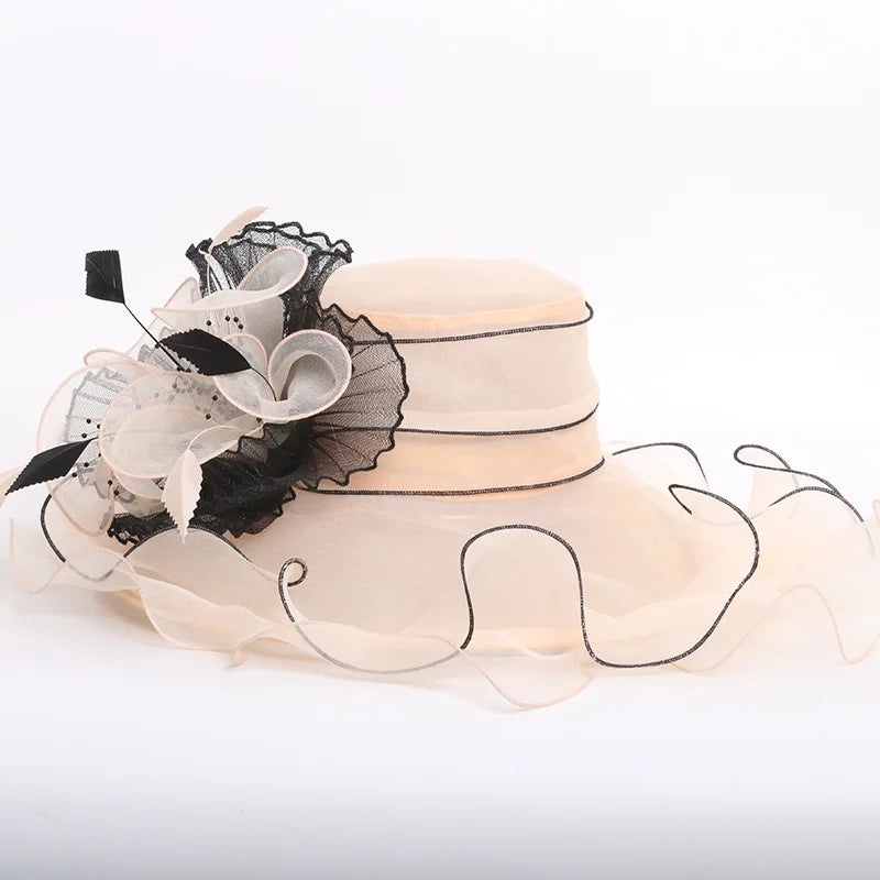 Wide Brim Church Hat - Organza Flower Fedora for Weddings & Special Occasions