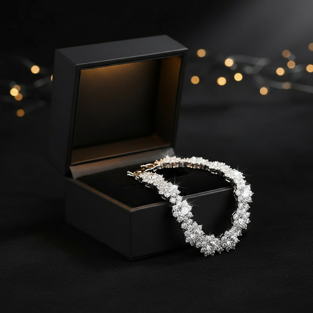 Diamond bracelet and earrings on a white background