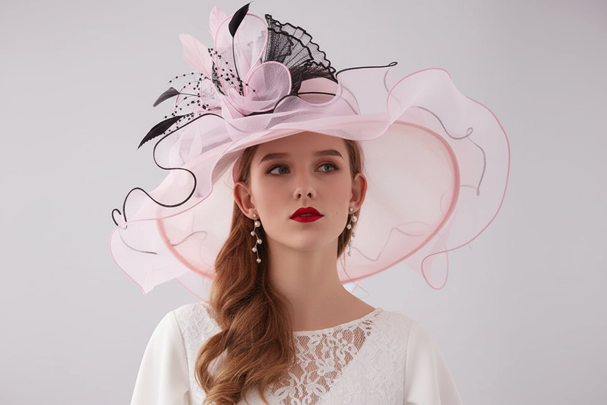 Woman wearing a large pink hat with black accents on a white background