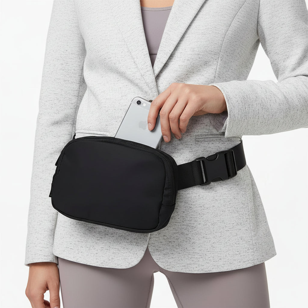Person wearing a black waist bag and using a phone with a plain background