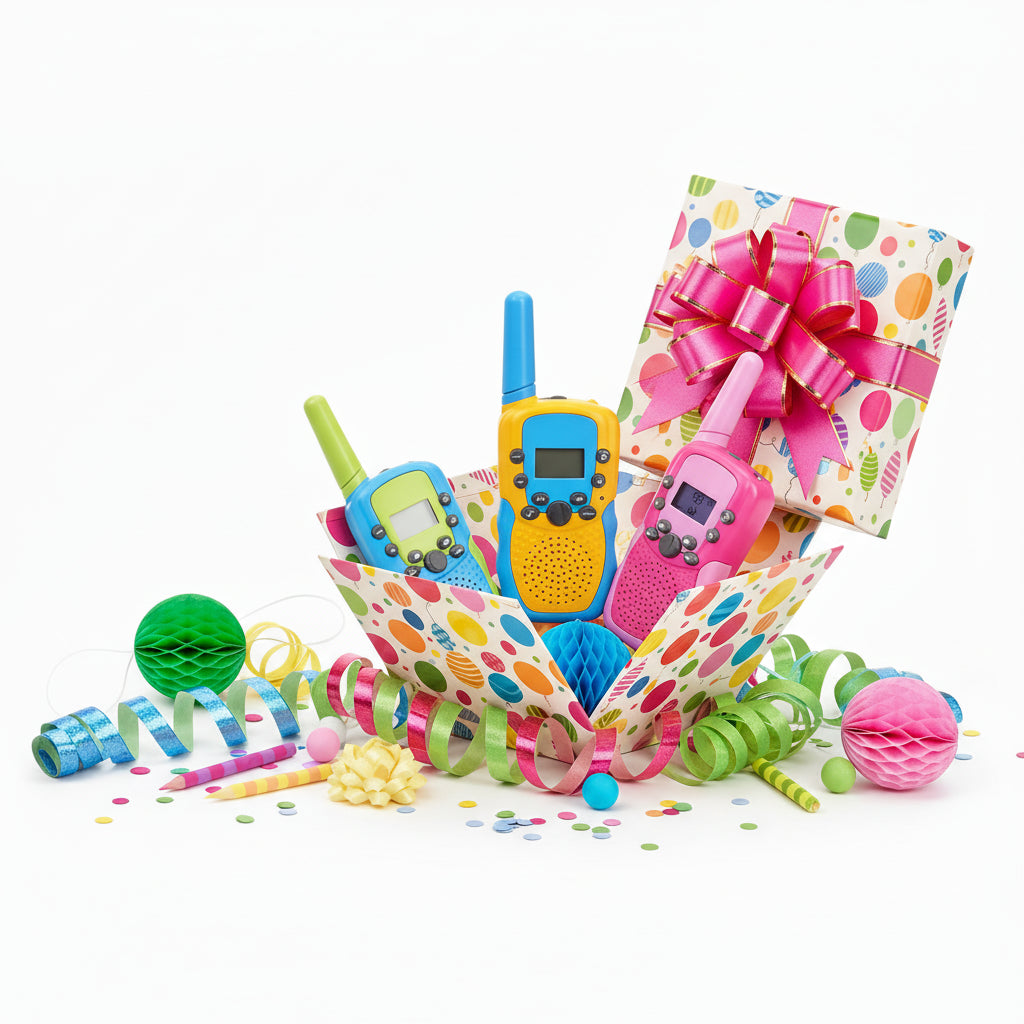 Collage of children with toys and party decorations, labeled 'Gifts for Kids'.