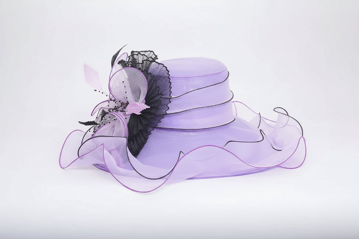 Wide Brim Church Hat - Organza Flower Fedora for Weddings & Special Occasions