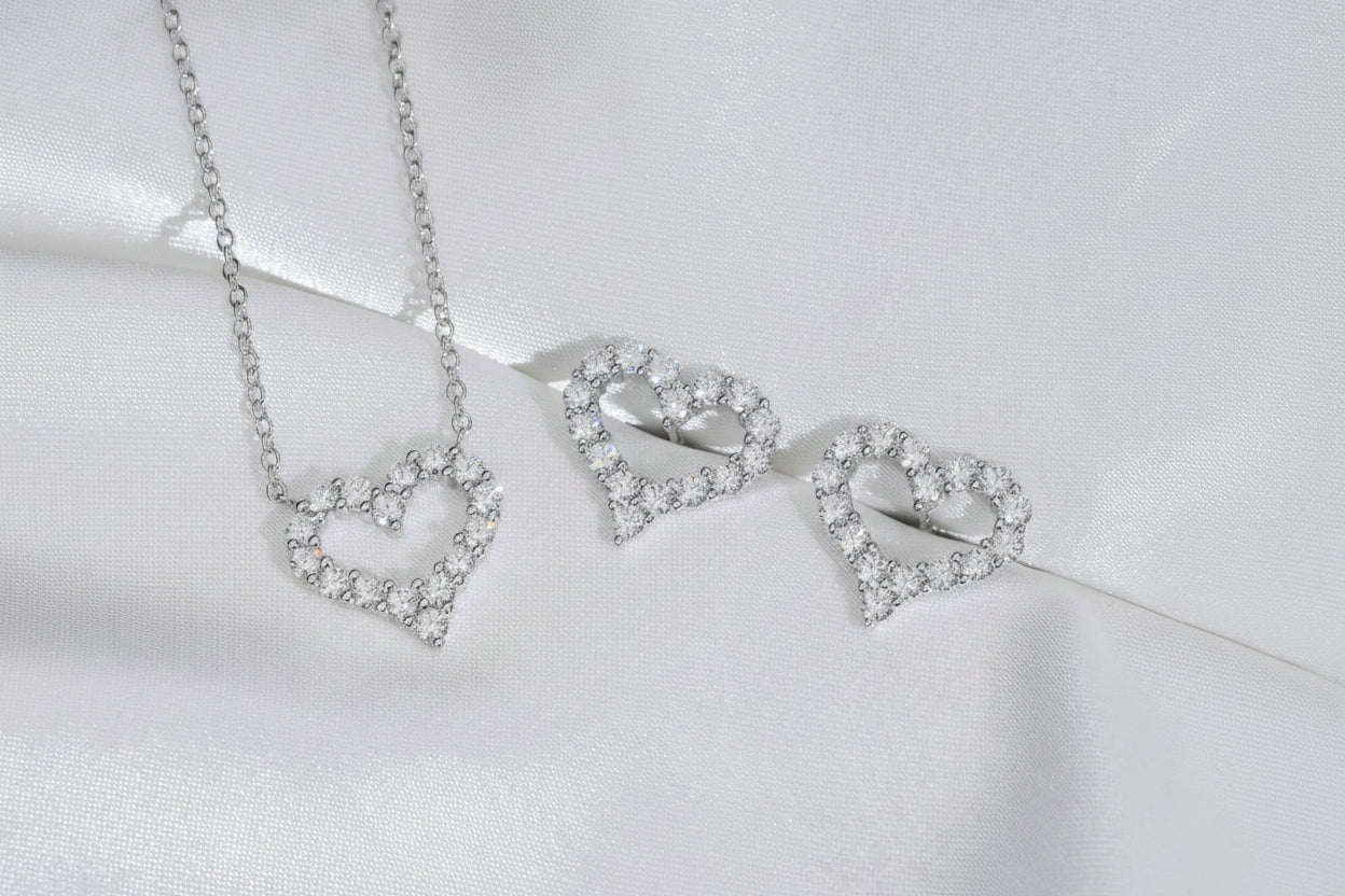 925 Silver Heart Moissanite Jewelry Set - Necklace & Earrings for Women