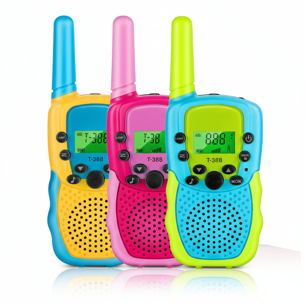 Three colorful walkie talkies on a white background