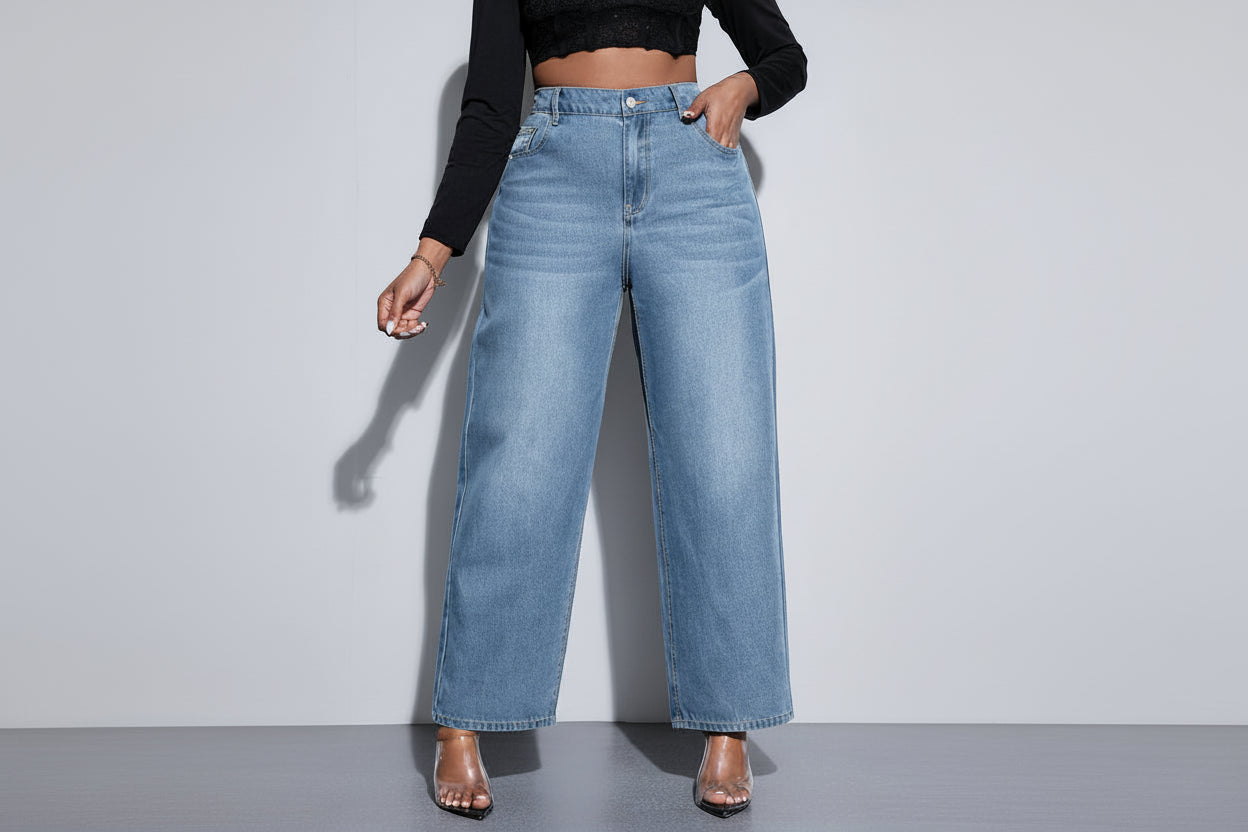 High Waist Straight Leg Denim Jeans - Stretch Pants for Women