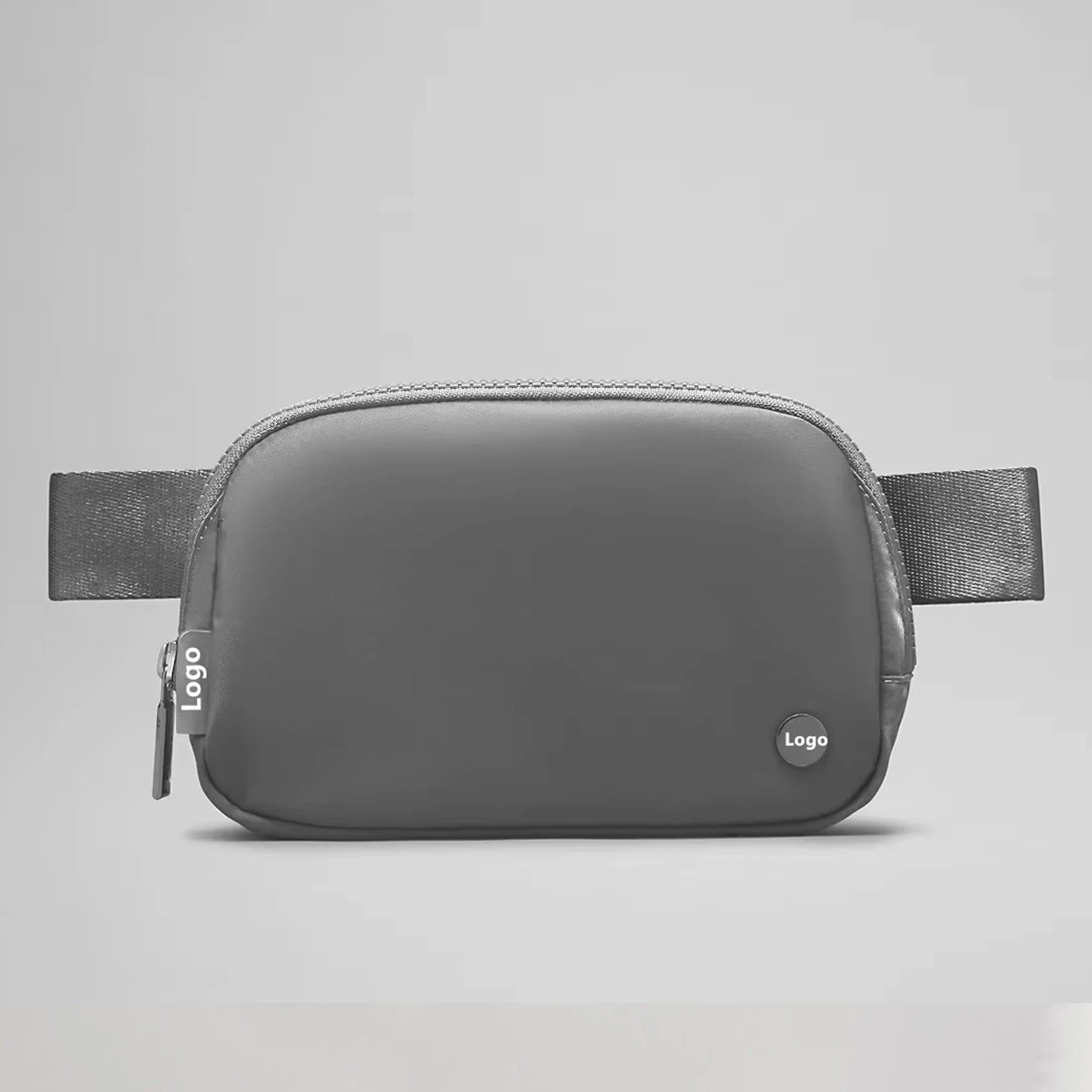 Gray waist bag with logo on a light gray background