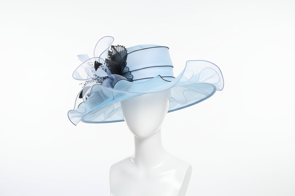 Wide Brim Church Hat - Organza Flower Fedora for Weddings & Special Occasions