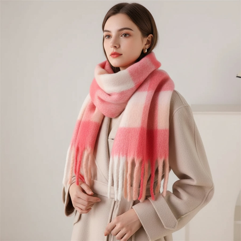 Pink and white plaid scarf draped over a beige coat on a mannequin against a light background.