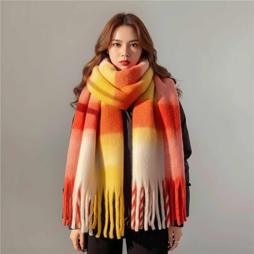 Person wearing a colorful scarf and black coat, holding a phone, against a light-colored wall.