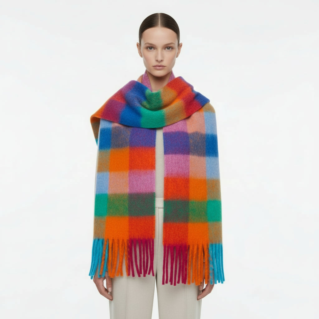 Colorful checkered scarf with fringes on a white background