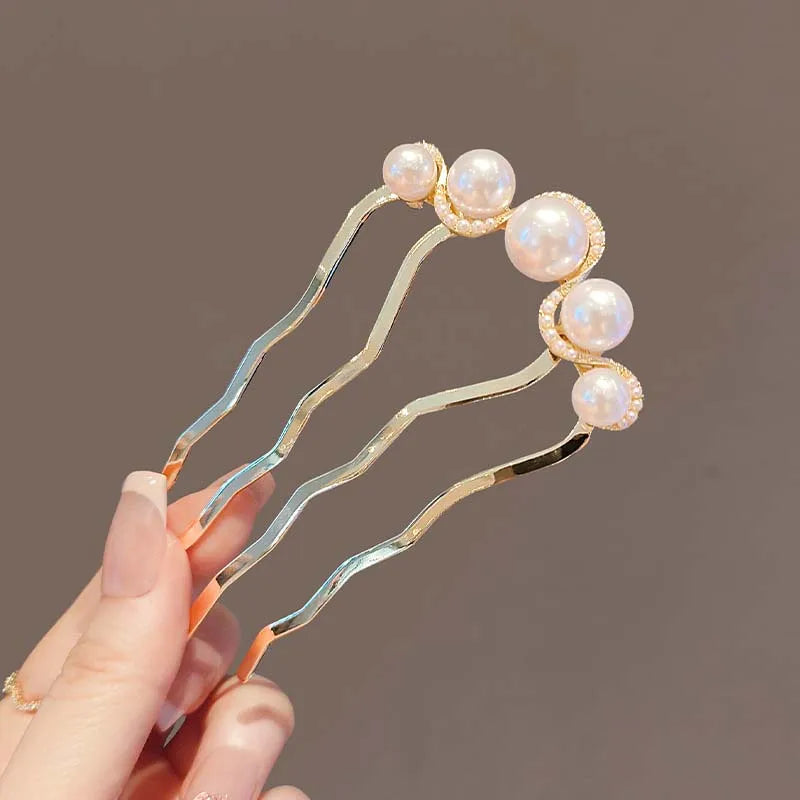 U-Shaped Pearl Hairpins - Korean Style Metal Hair Forks for Women