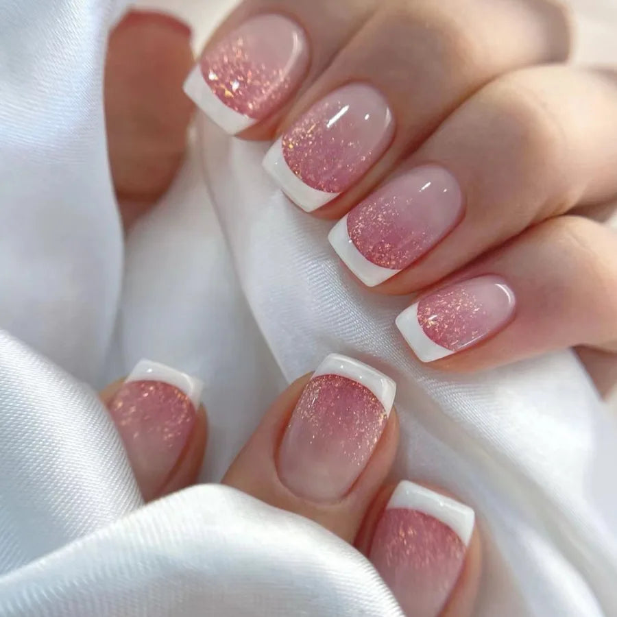 Square Head Press On Nails - Pink White Gradient French Style with Jelly Glue