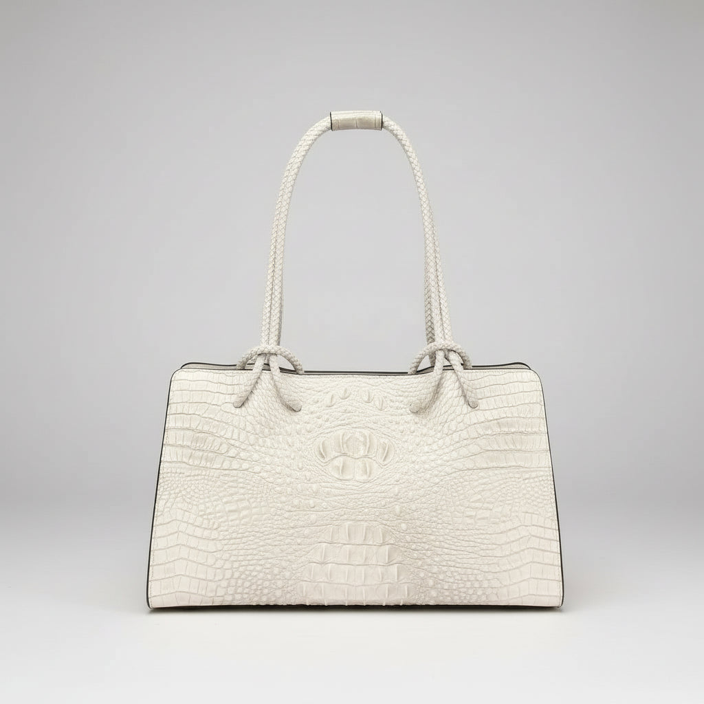 White textured handbag on a wooden surface with books in the background