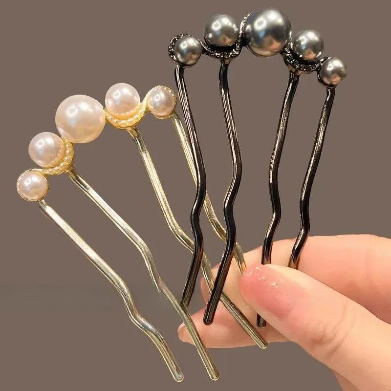 U-Shaped Pearl Hairpins - Korean Style Metal Hair Forks for Women