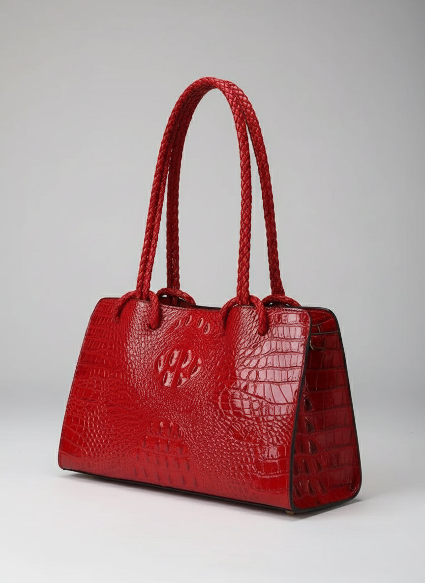 Person holding a red textured handbag with a neutral background
