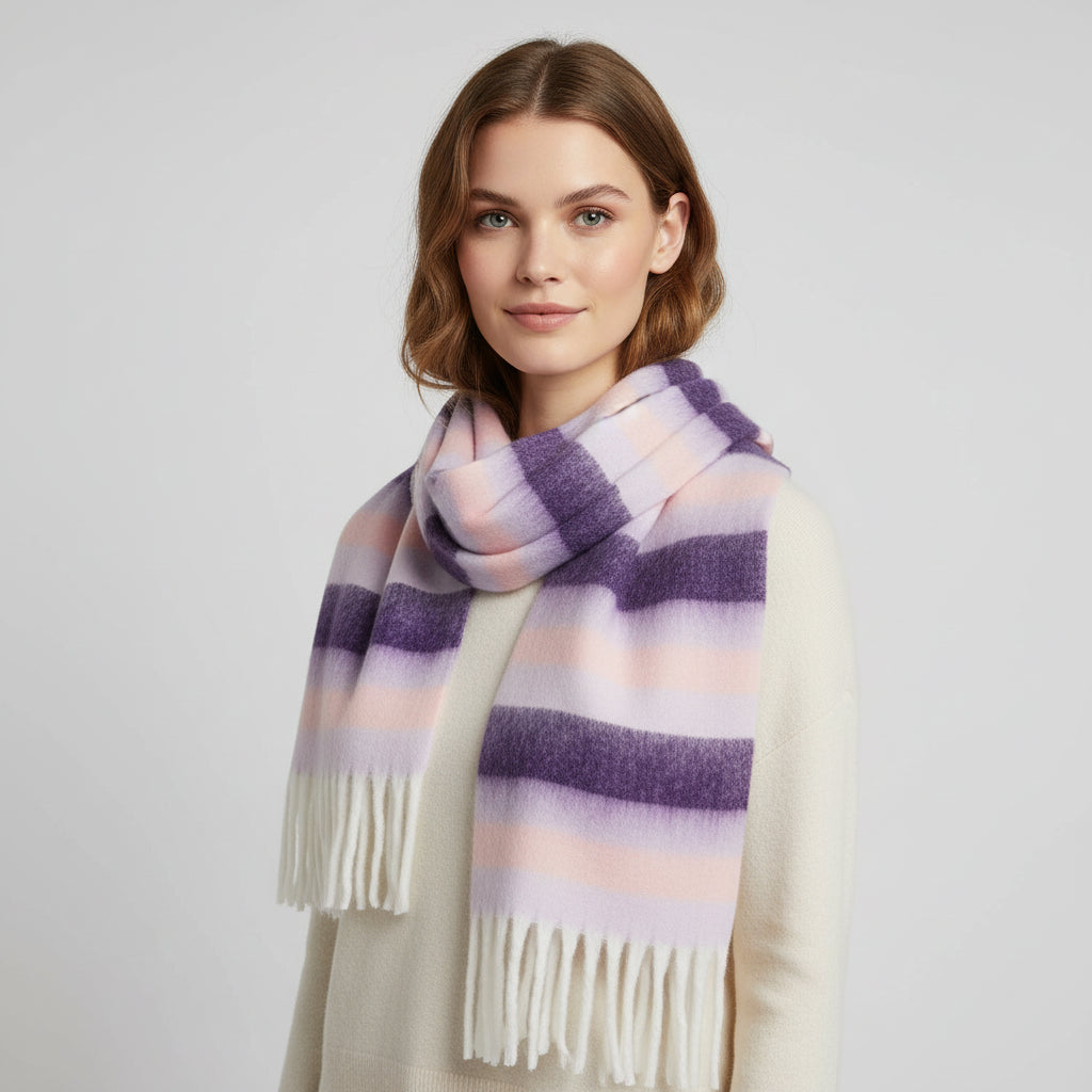 Striped scarf with purple and pink colors on a white background