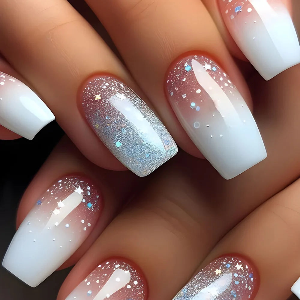 Square Head Press On Nails - Pink White Gradient French Style with Jelly Glue