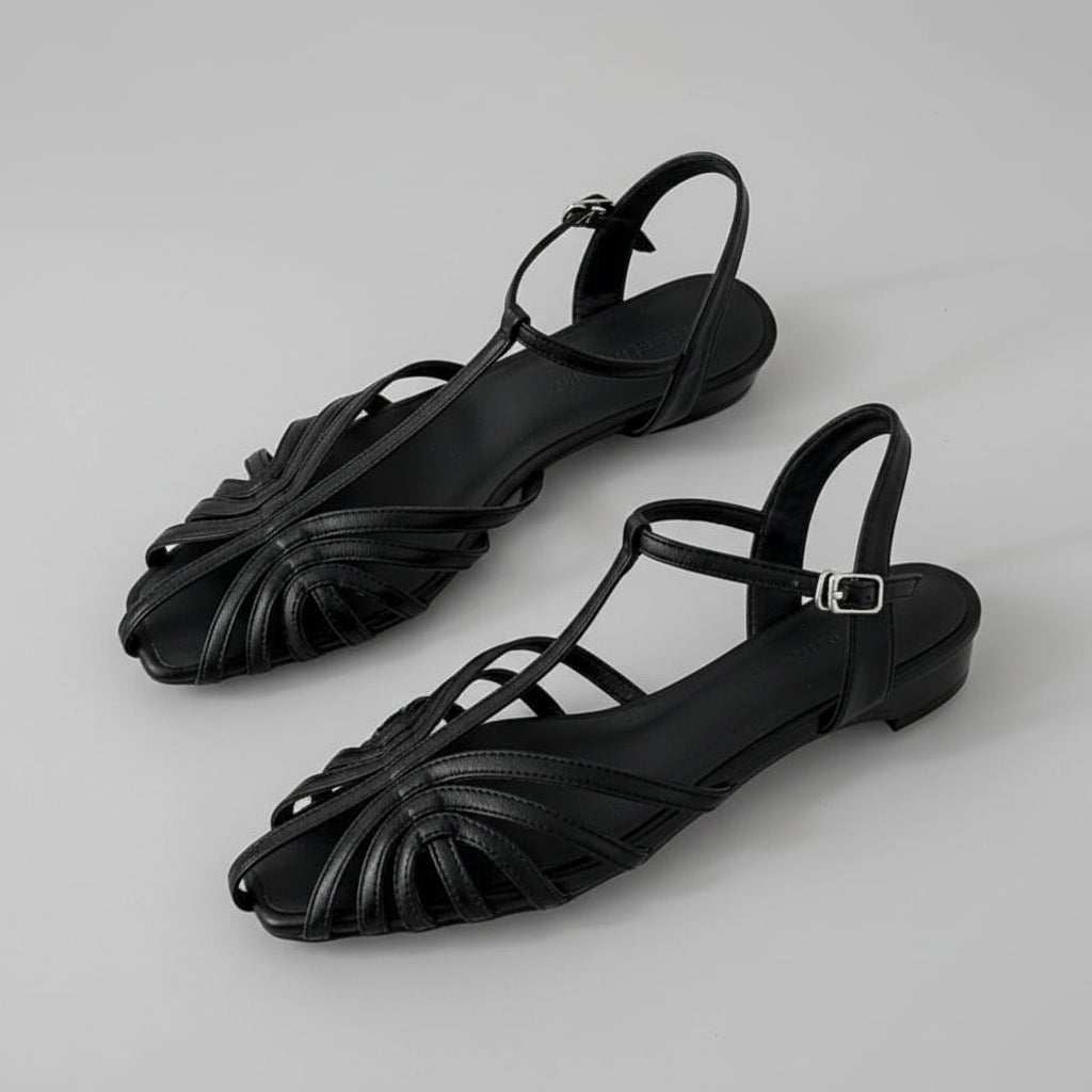 Narrow Strap Hollow Flat Sandals - Women's Luxury Roman Beach Sandal