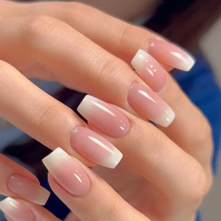 Square Head Press On Nails - Pink White Gradient French Style with Jelly Glue